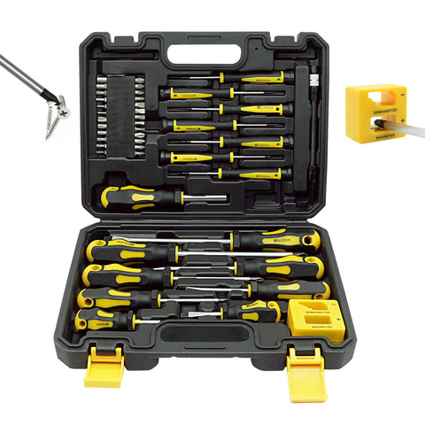 GMTOOLS 43-piece magnetic screwdriver set box close-up showing organized storage and fast access