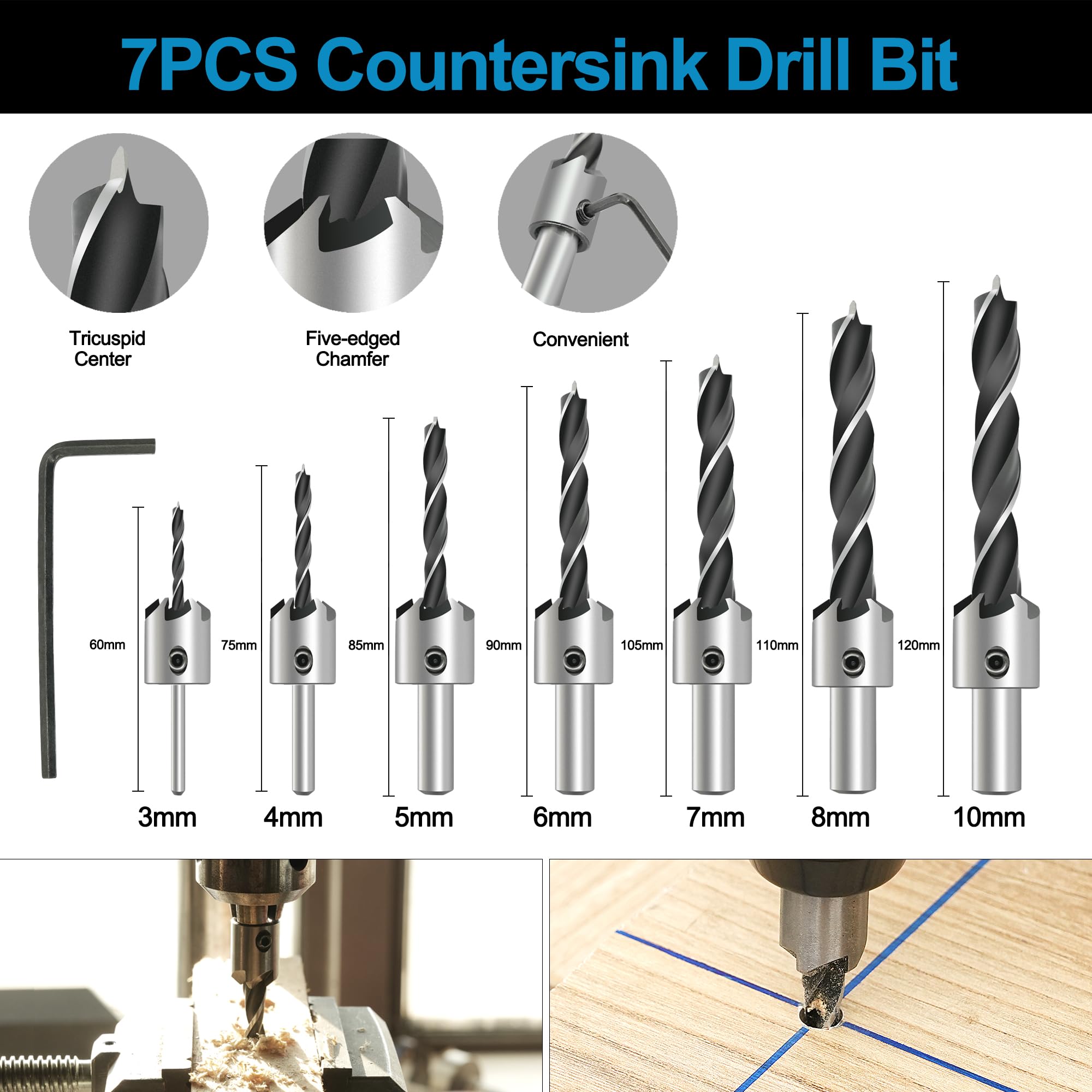 GMTOOLS countersink bits 3-10mm close-up for precise flush finishes