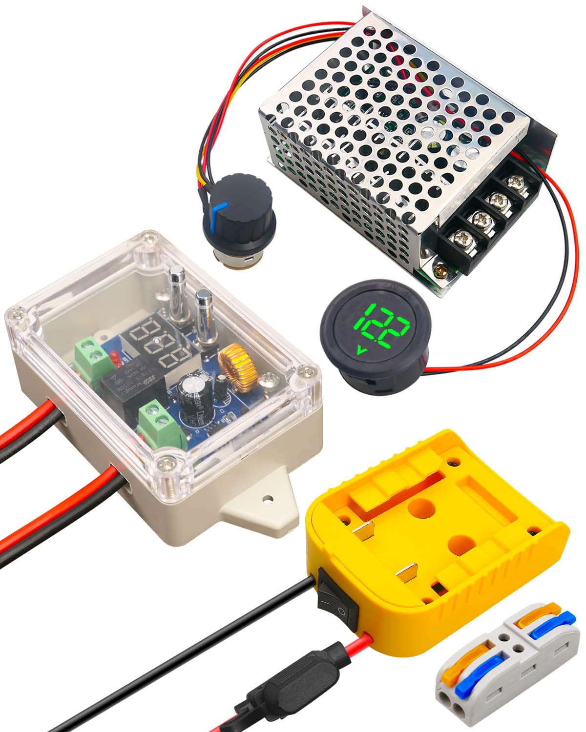 GMURA Power Wheel Adapter connects DeWalt 18V/20V batteries for versatile vehicle power