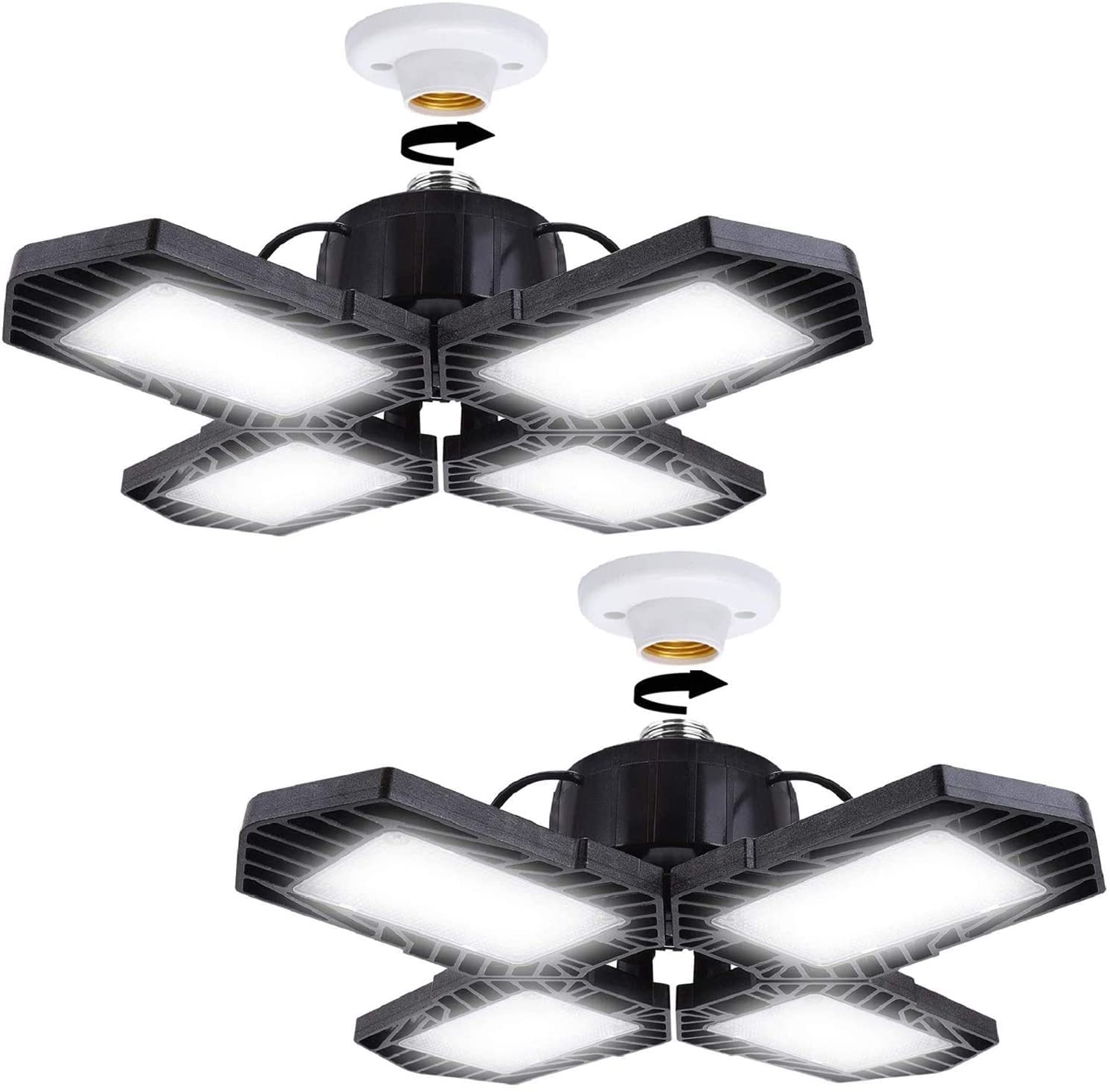GMximo 2Pack LED garage lights with 4 adjustable heads for wide-area illumination