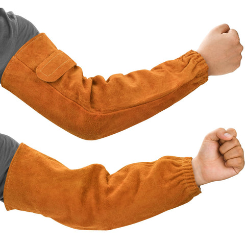 Gnellkoor leather welding sleeves close-up shows cowhide outer layer for heat resistance.