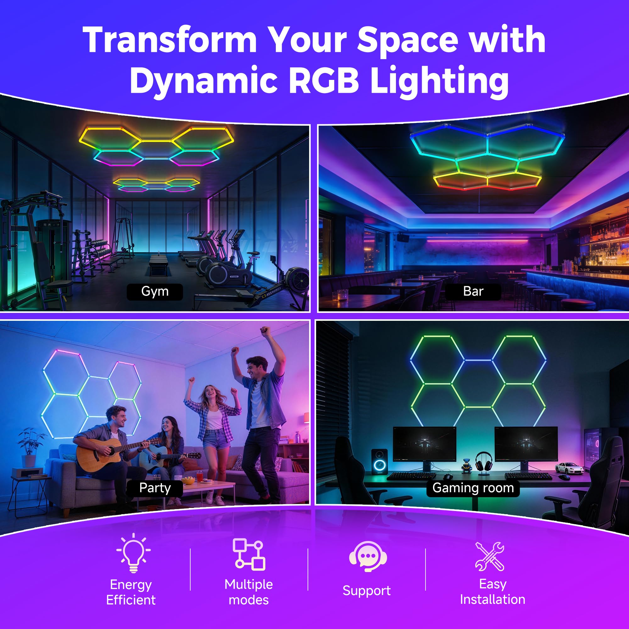 Gneng hexagon lights showing music-sync lighting for dynamic mood