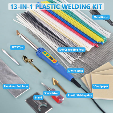 GNI complete plastic repair kit includes stand, tape and brush.