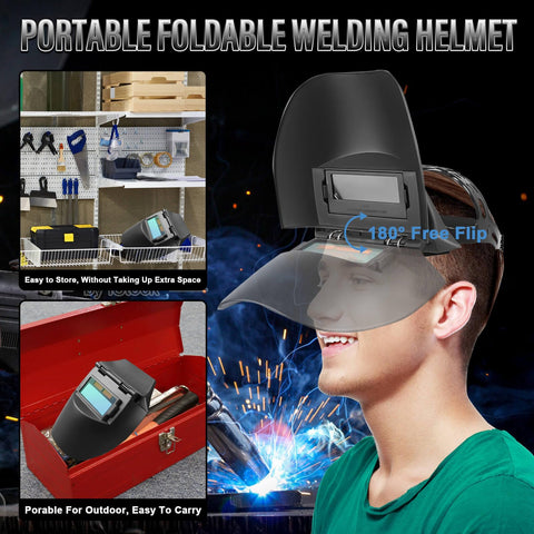 GNI Weldeing helmet folded design demonstrates compact portability for tool kits