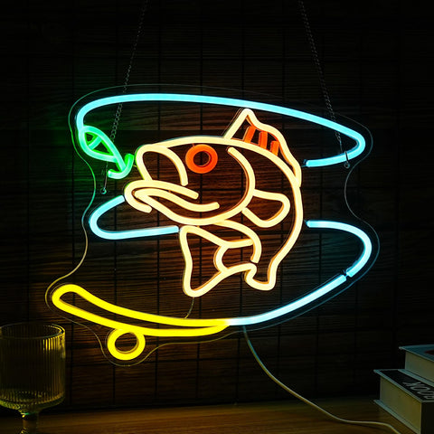 GNVETZLL neon sign with fishing hooks design adds dynamic ambiance.