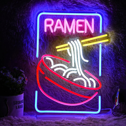 GNVETZLL ramen neon sign wall decor enhances cozy restaurant ambiance.