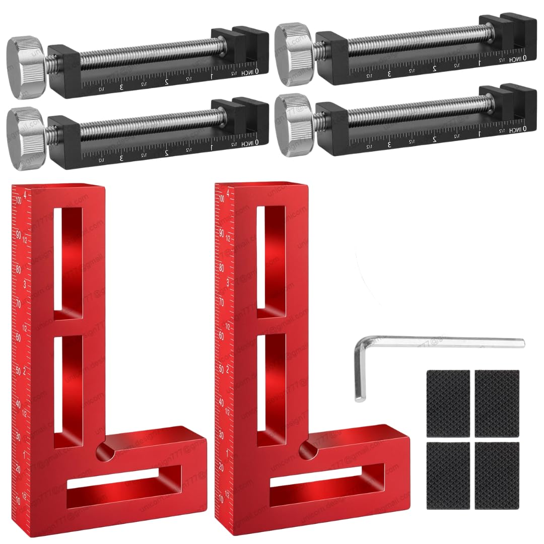 Go Fast Tools corner clamps hold wood at a precise 90-degree angle for accurate joints.