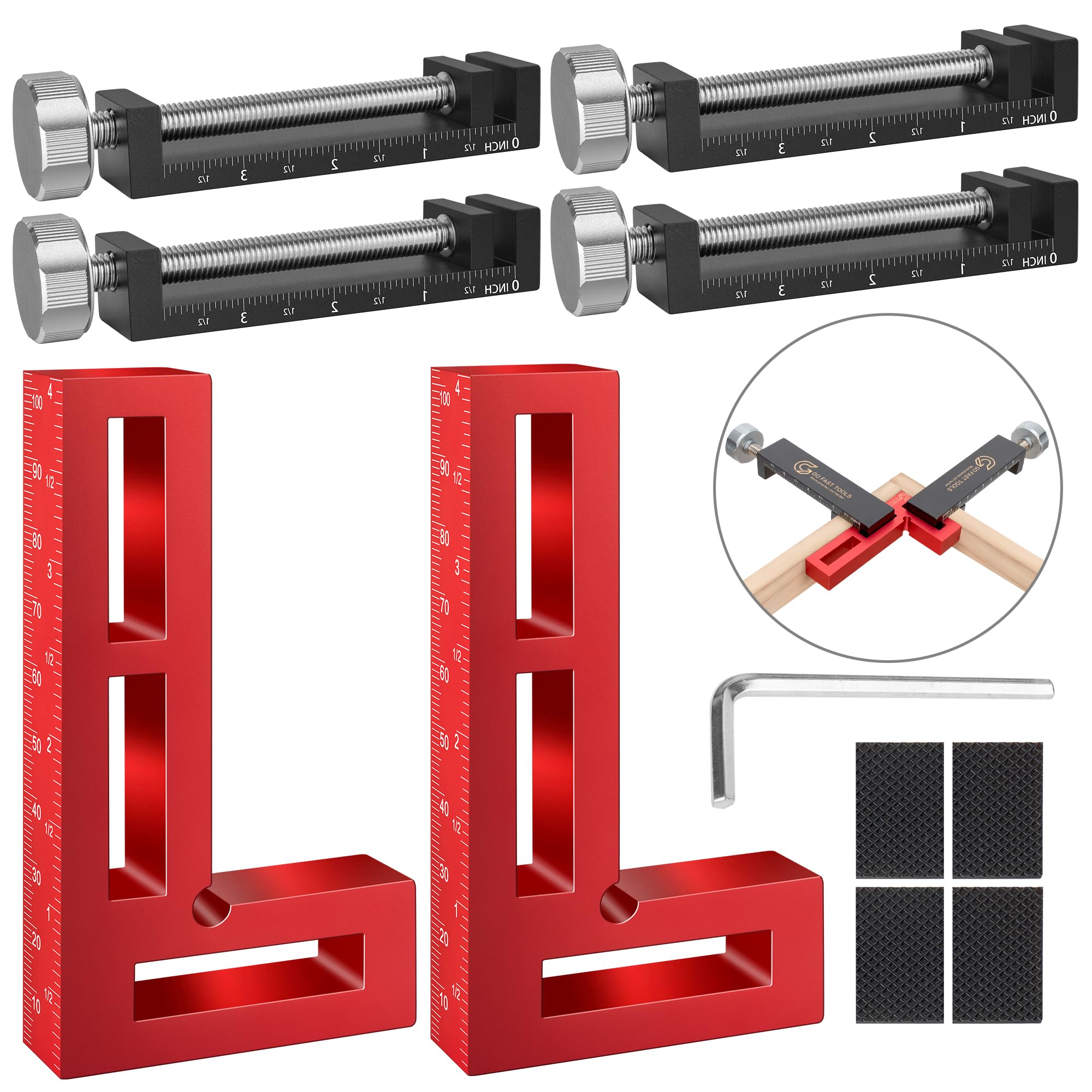 Go Fast Tools red positioning squares ensure accurate alignment for cabinet and frame assembly.