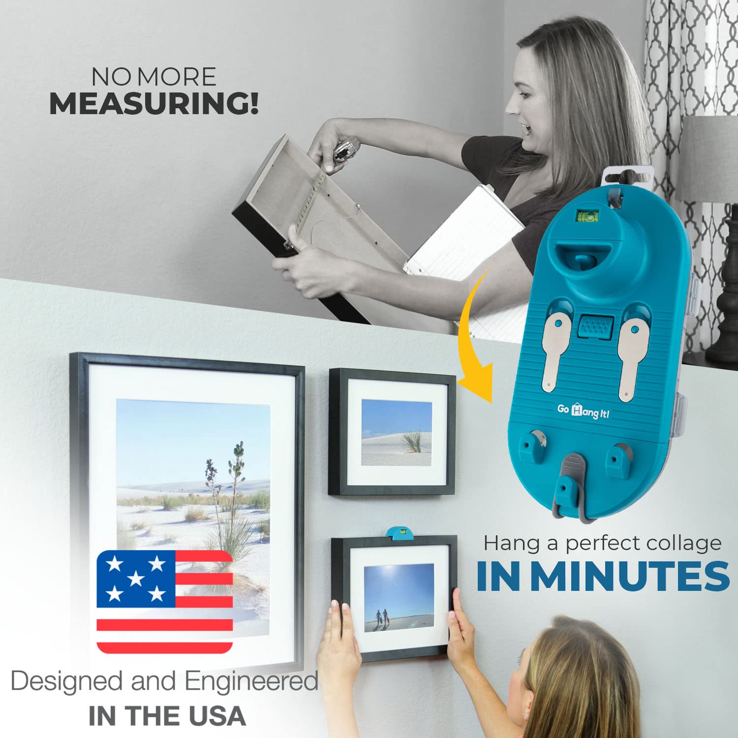 Go Hang It! Pro precision level ensures straight frames every time.
