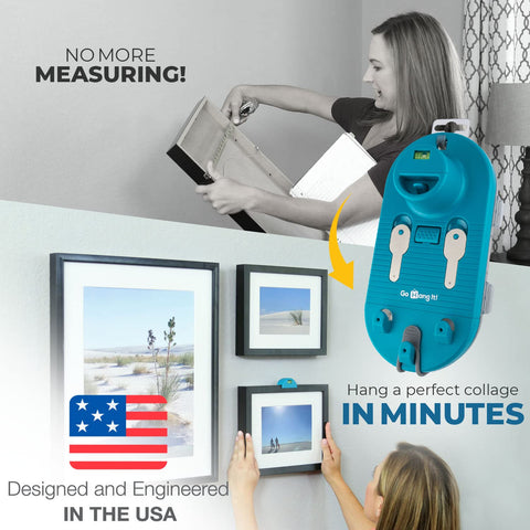 Go Hang It! Pro precision level ensures straight frames every time.