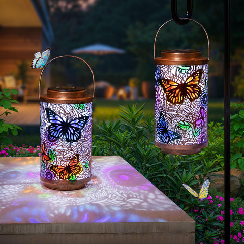 Go2garden butterfly lantern hanging outdoors creates a colorful evening ambiance