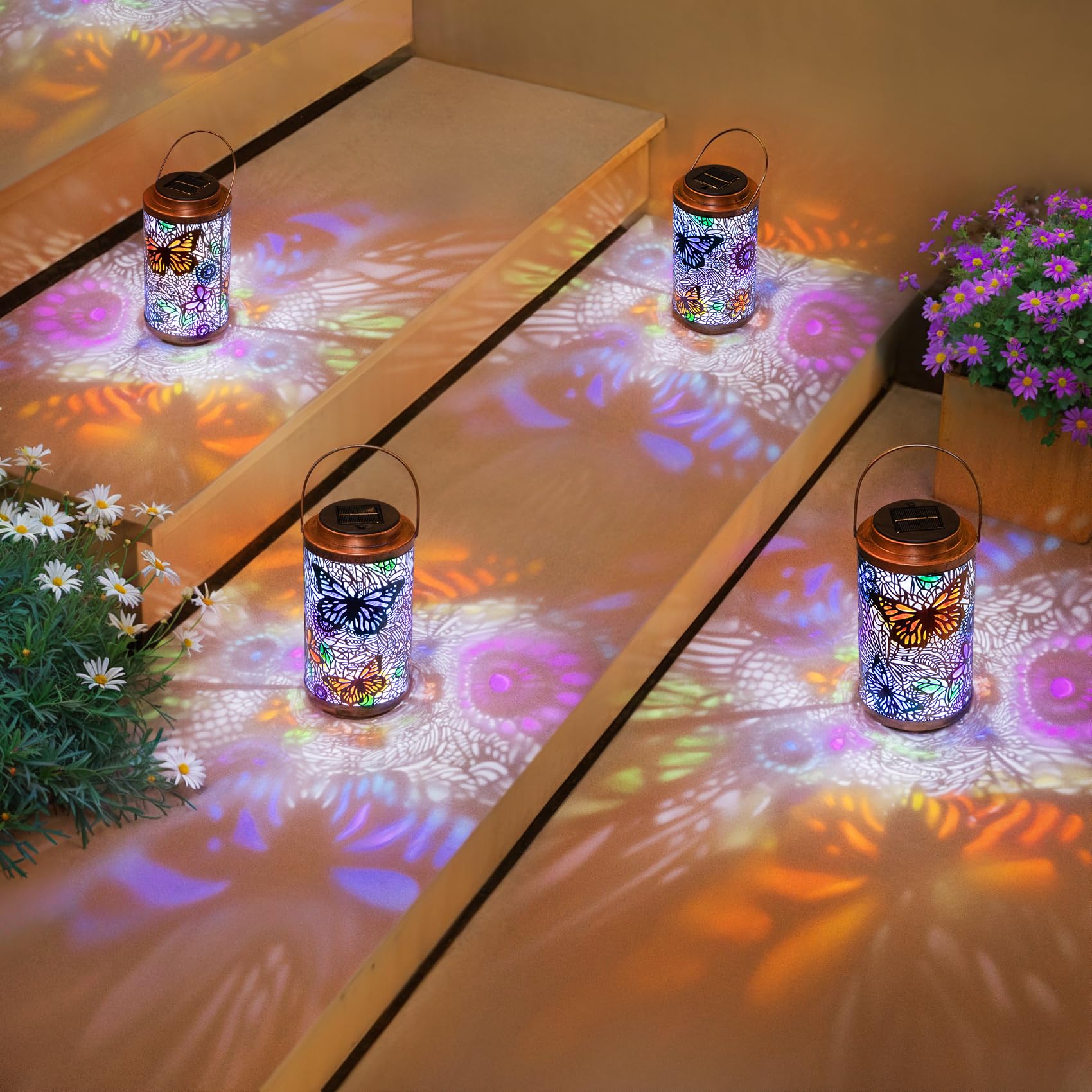 Go2garden butterfly lantern close-up highlights a delicate hollow pattern with multicolor glow