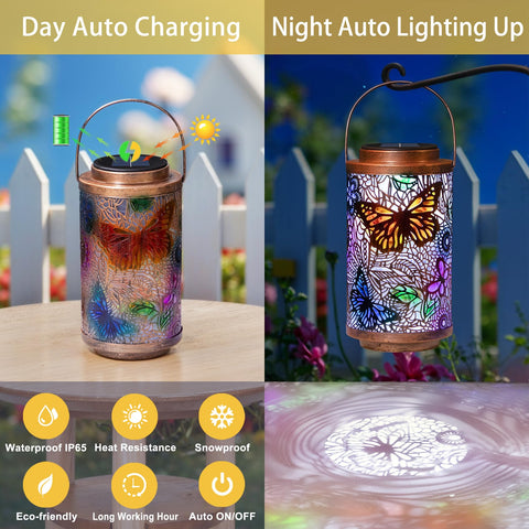 Go2garden butterfly lantern on table provides charming, cable-free outdoor light