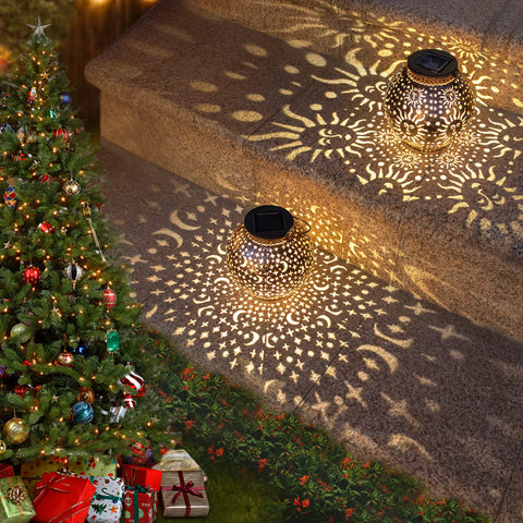 Go2garden moon star lantern projects delicate patterns for romantic garden evenings.