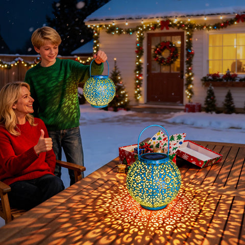 Go2garden teal solar lantern with a durable handle for easy hanging on hooks.