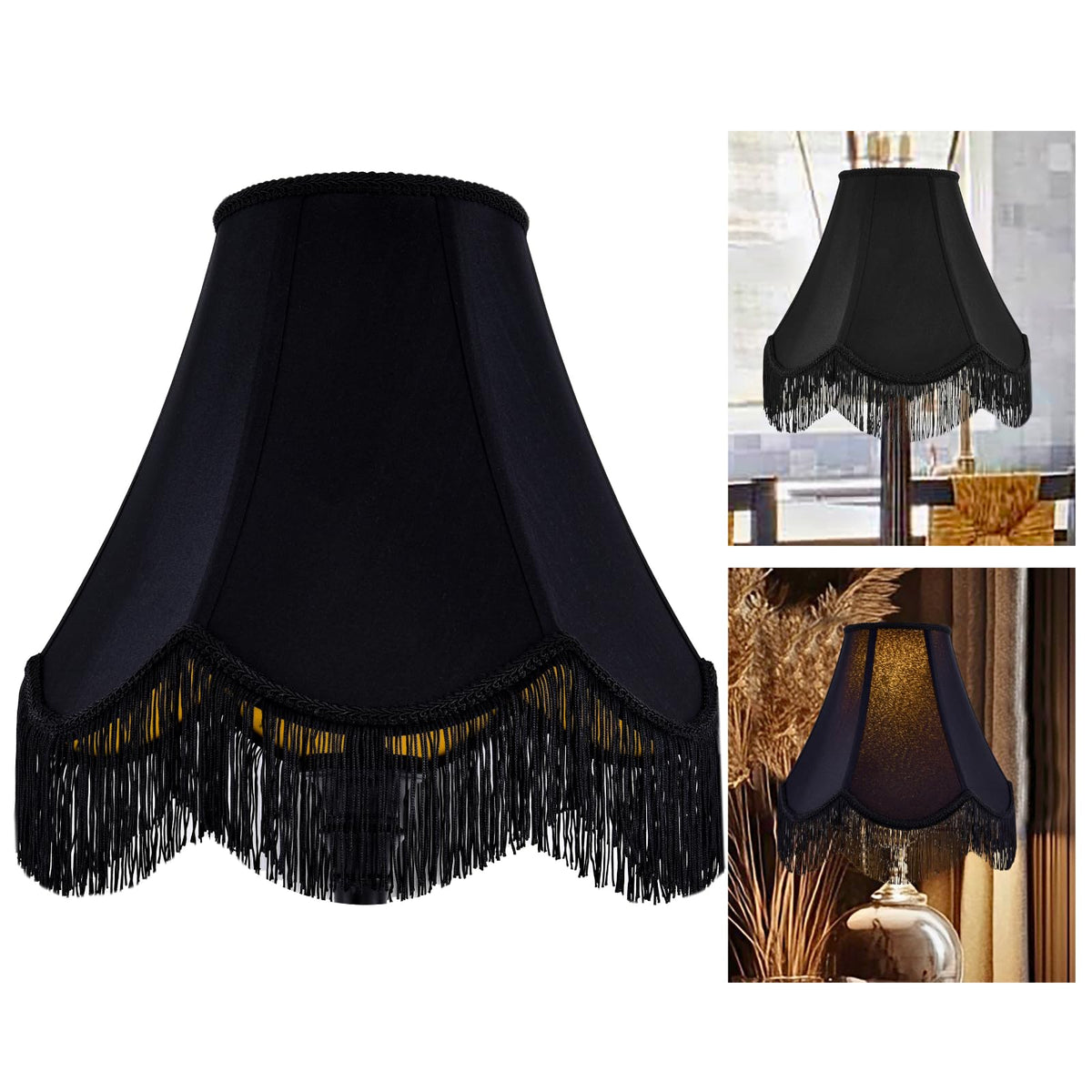 GO&SO black silk bell lamp shade with petal edge braid for vintage ambience