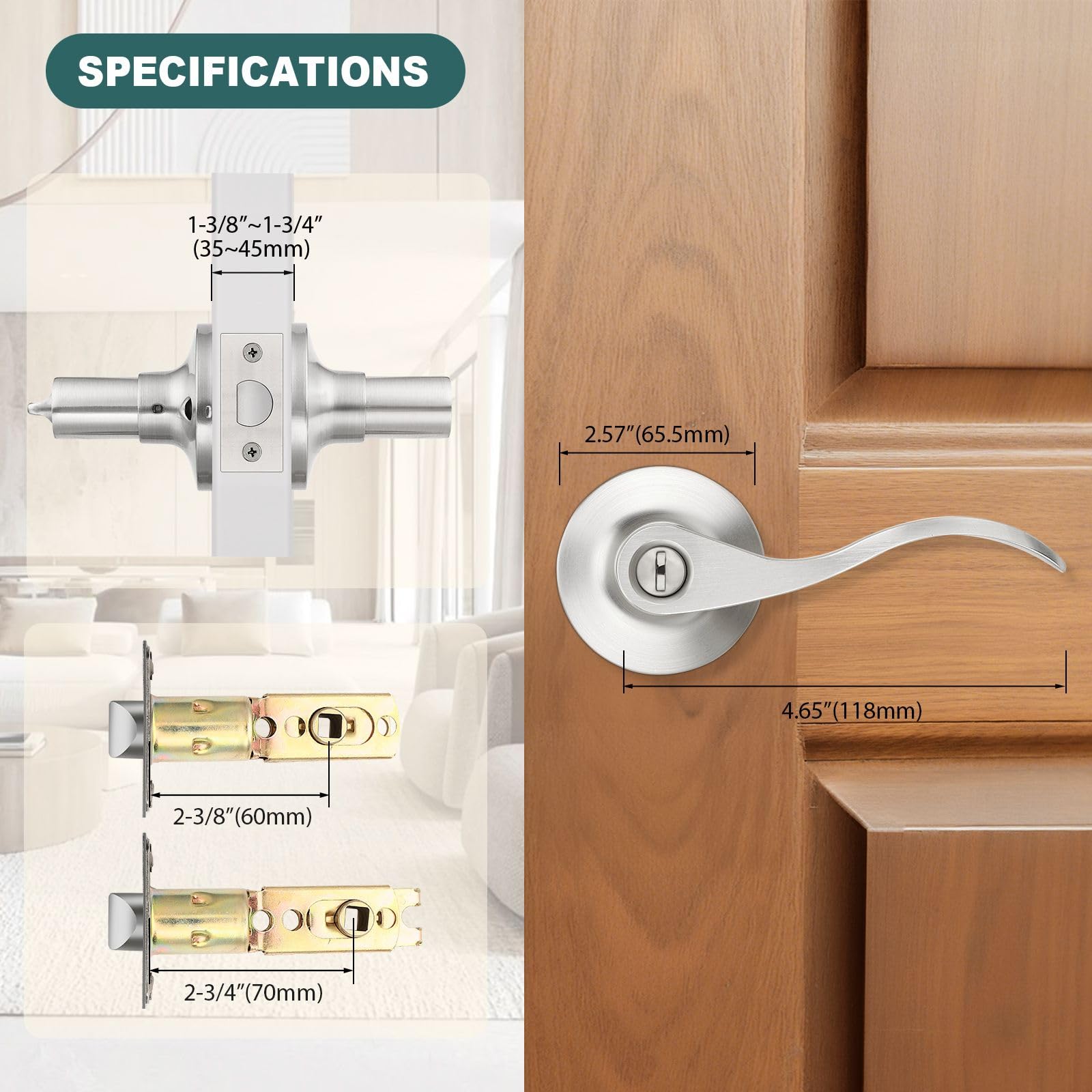 GOBEKOR privacy lever dimensions 65 mm rosette and 120 mm handle.