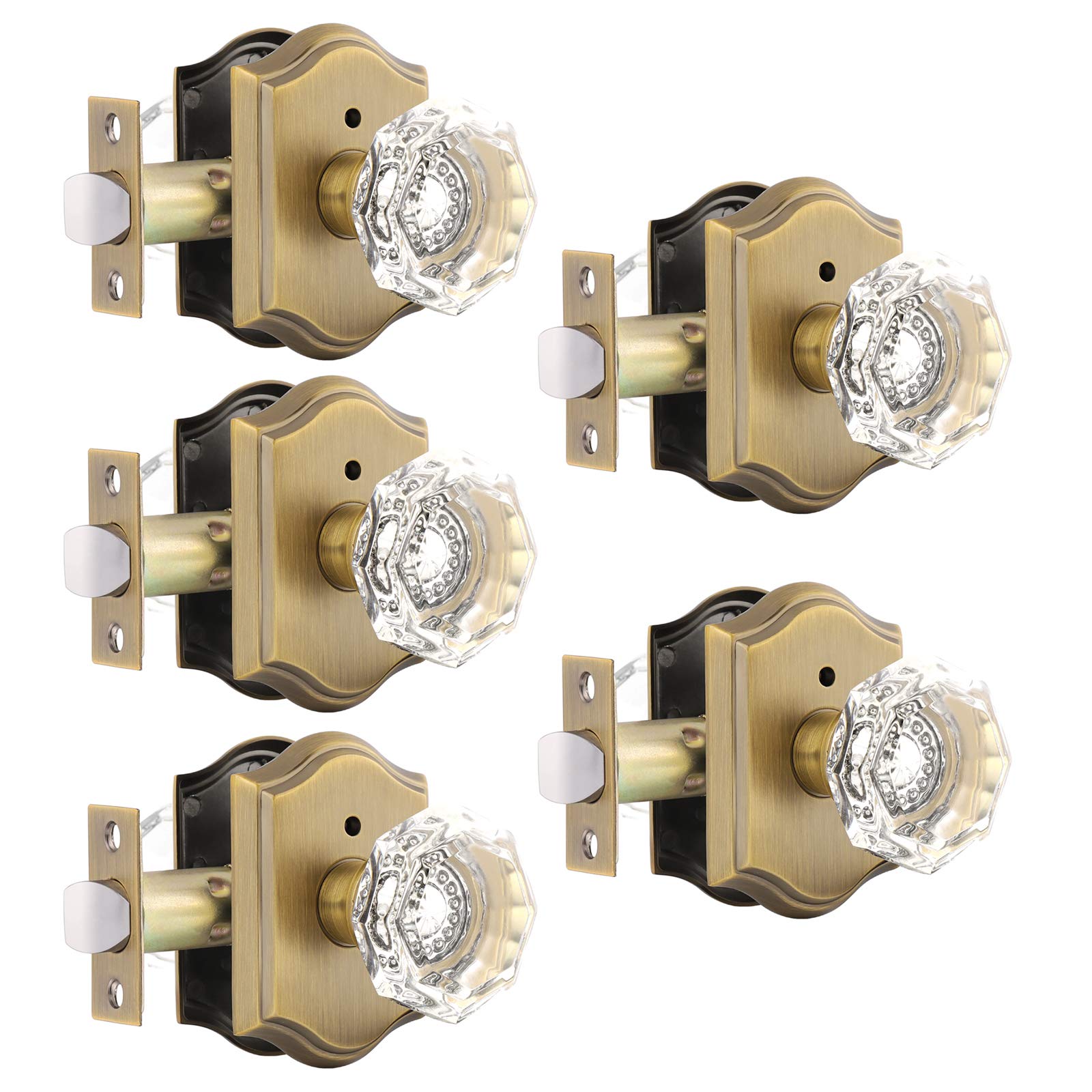 Gobrico antique brass interior lockset with octagonal crystal knob for privacy.