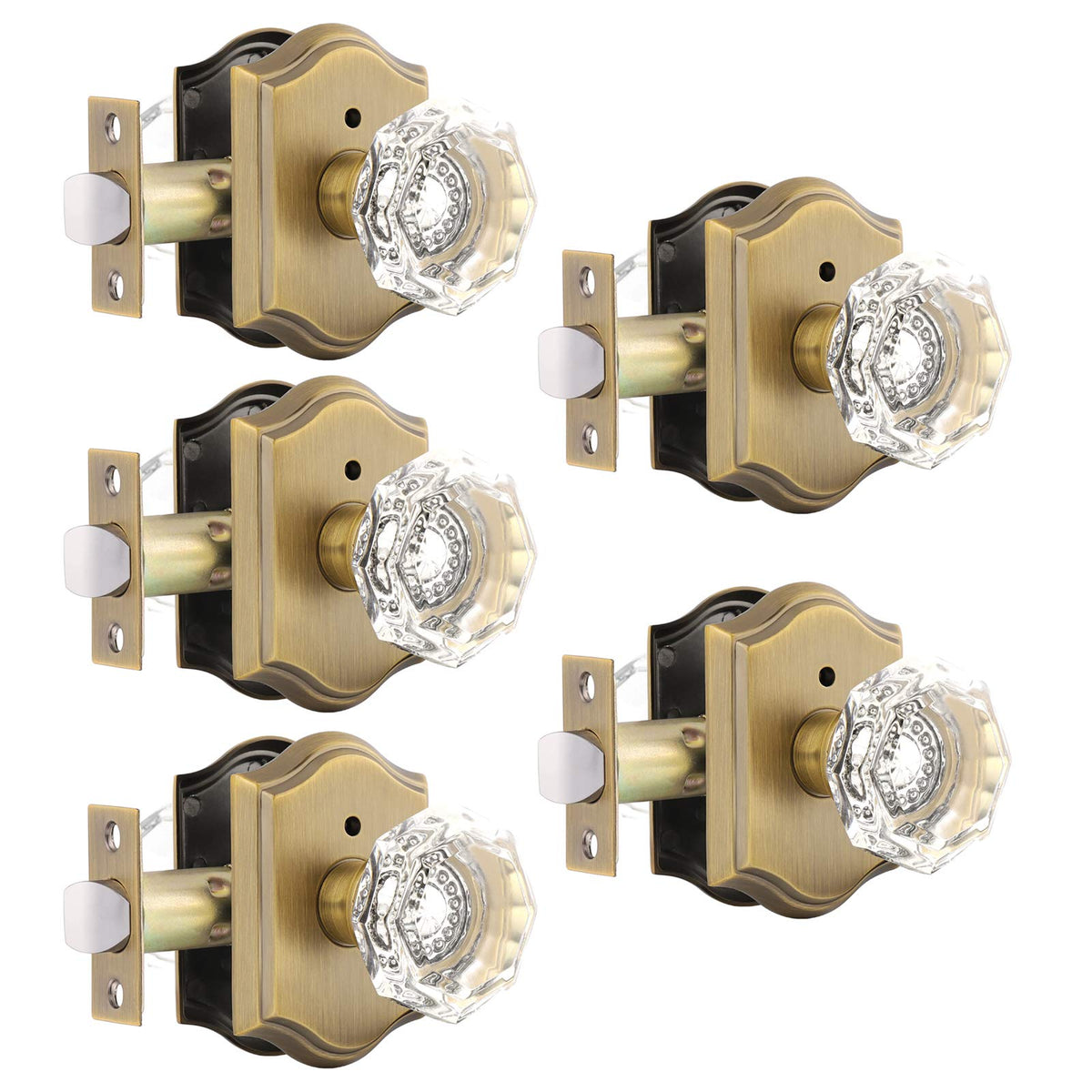 Gobrico antique brass interior lockset with octagonal crystal knob for privacy.