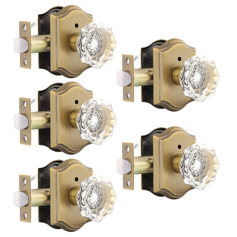 Gobrico antique brass interior lockset with octagonal crystal knob for privacy.