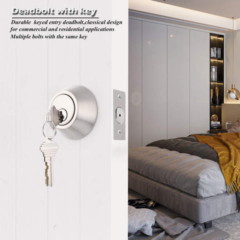 Gobrico satin nickel double-cylinder deadbolt, side view, delivers key access from both sides.