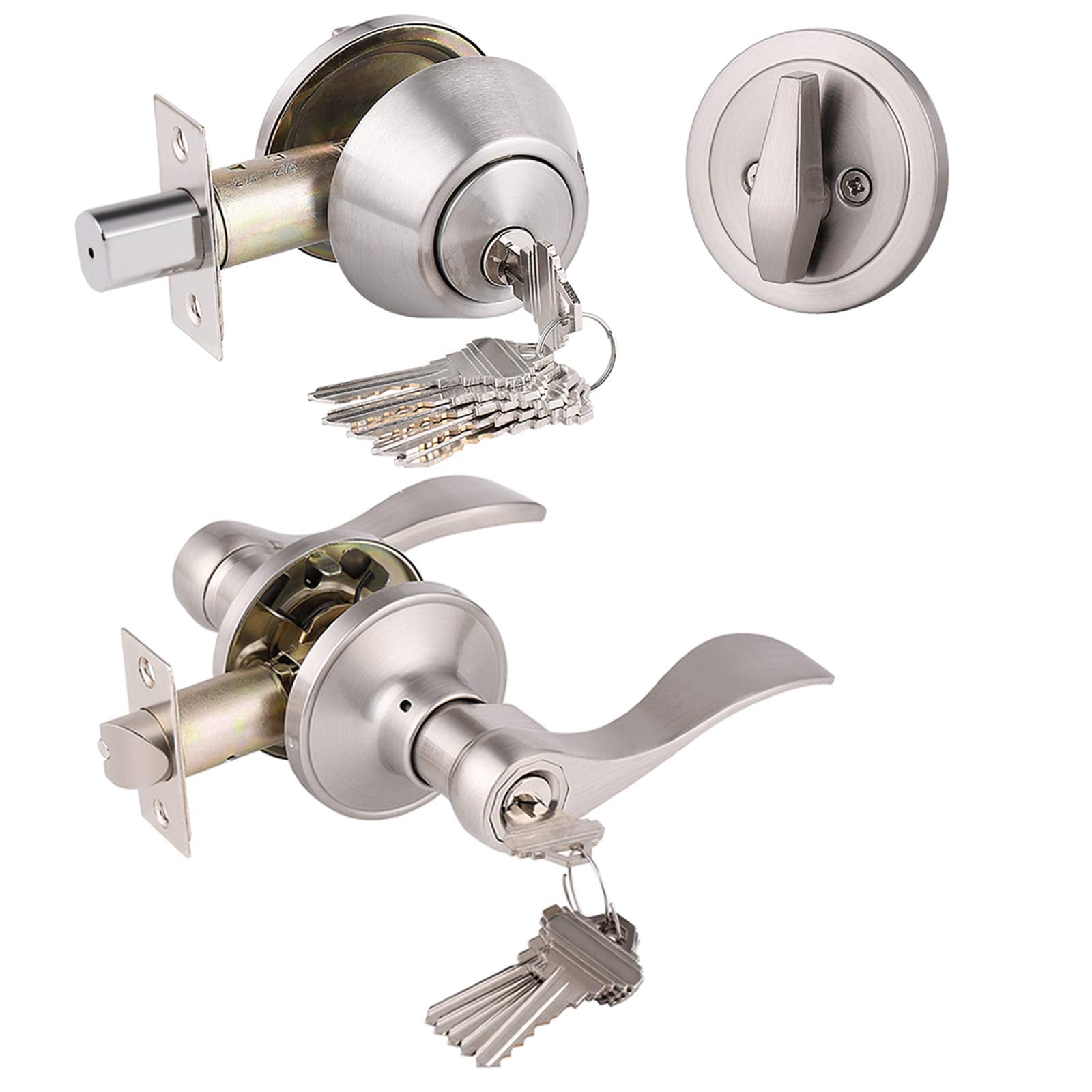 Gobrico keyed-alike front door lever lockset in satin nickel, durable exterior security.