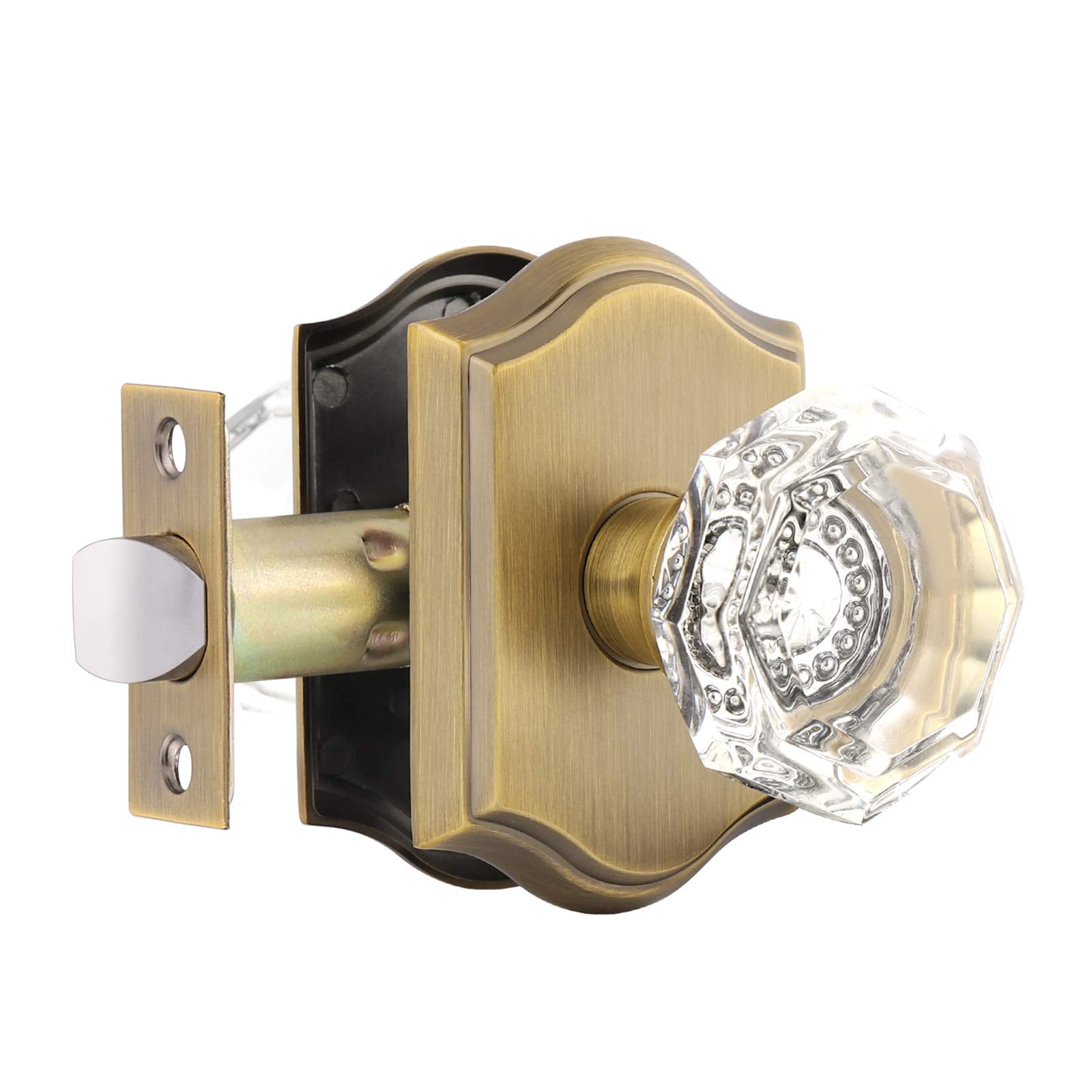 Gobrico octagonal diamond crystal doorknob in antique brass, front view for interior doors.