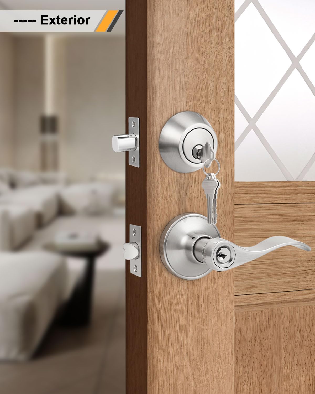 Gobrico satin-nickel finish complements hardware and resists wear.