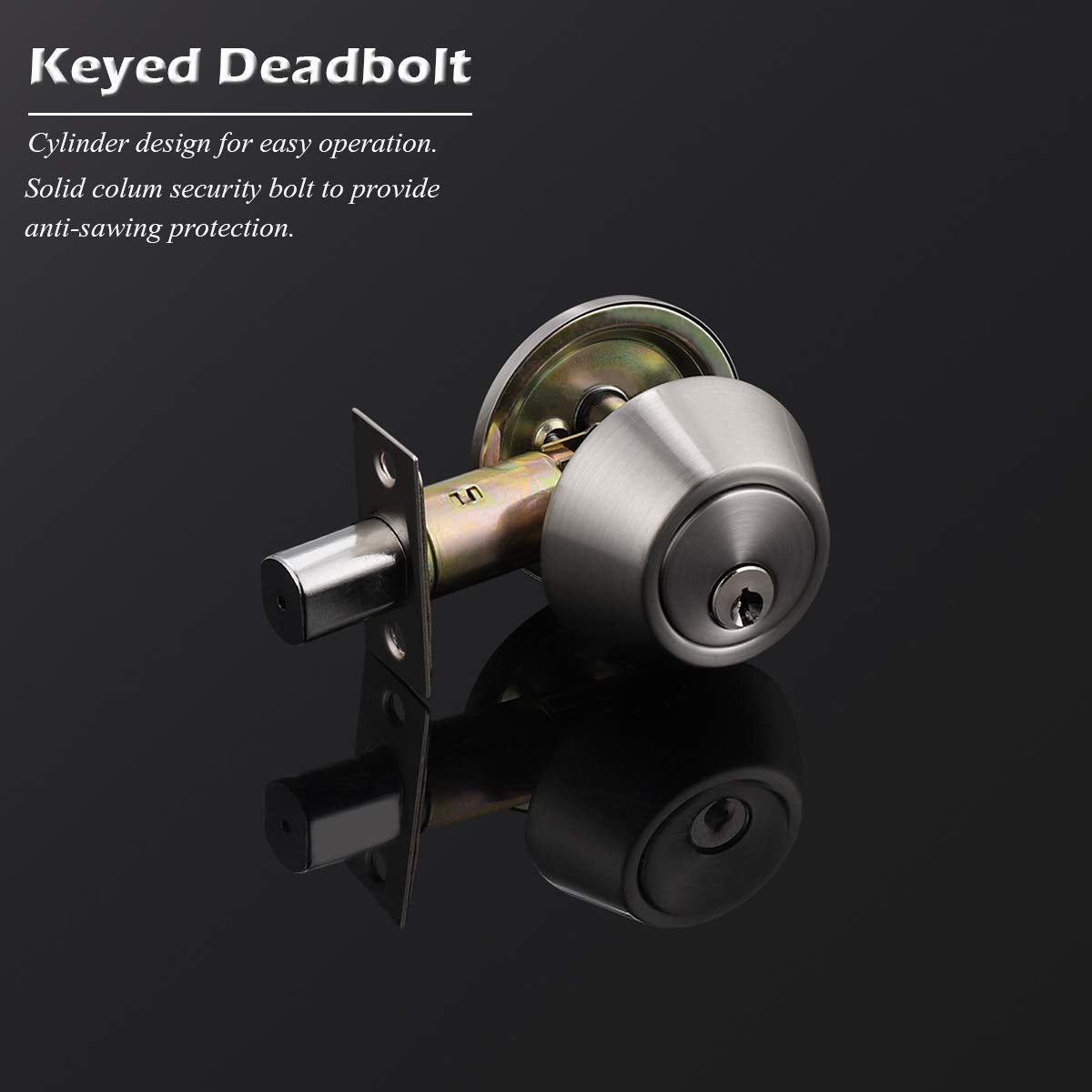 Gobrico square latch plate on satin nickel deadbolt, non-removable for secure strike.