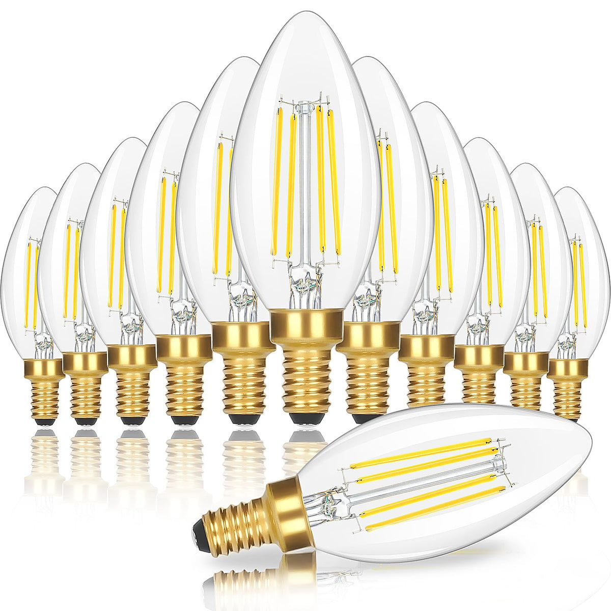 GoBright 12-pack dimmable E12 candle bulbs in clear glass for elegant chandeliers and ambient living spaces.
