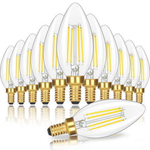 GoBright 12-pack dimmable E12 candle bulbs in clear glass for elegant chandeliers and ambient living spaces.