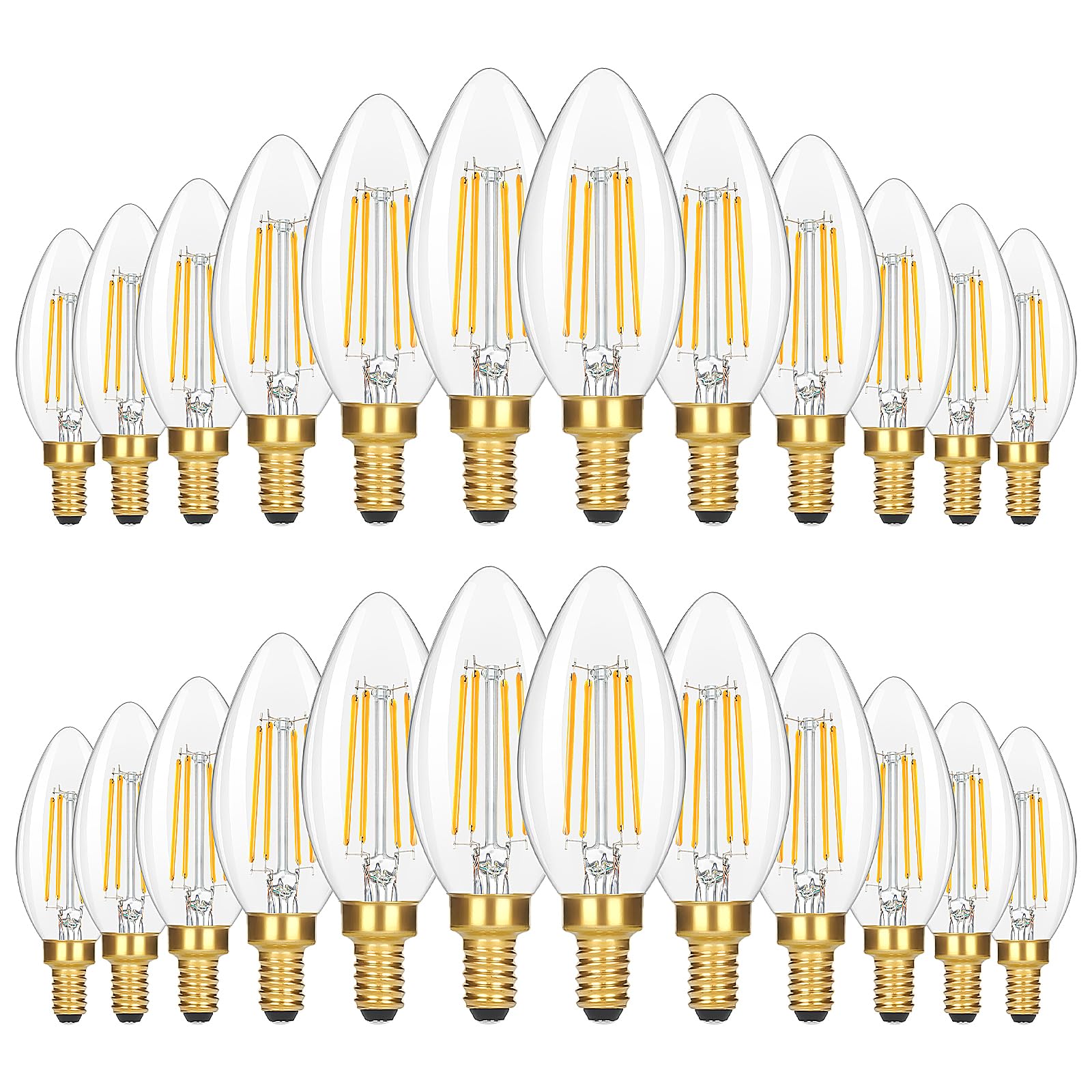 GoBright 24-pack dimmable E12 bulbs illuminate chandeliers with energy-efficient brightness.