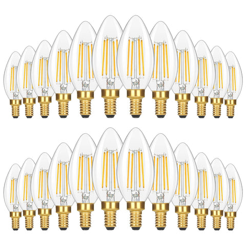 GoBright 24-pack dimmable E12 bulbs illuminate chandeliers with energy-efficient brightness.