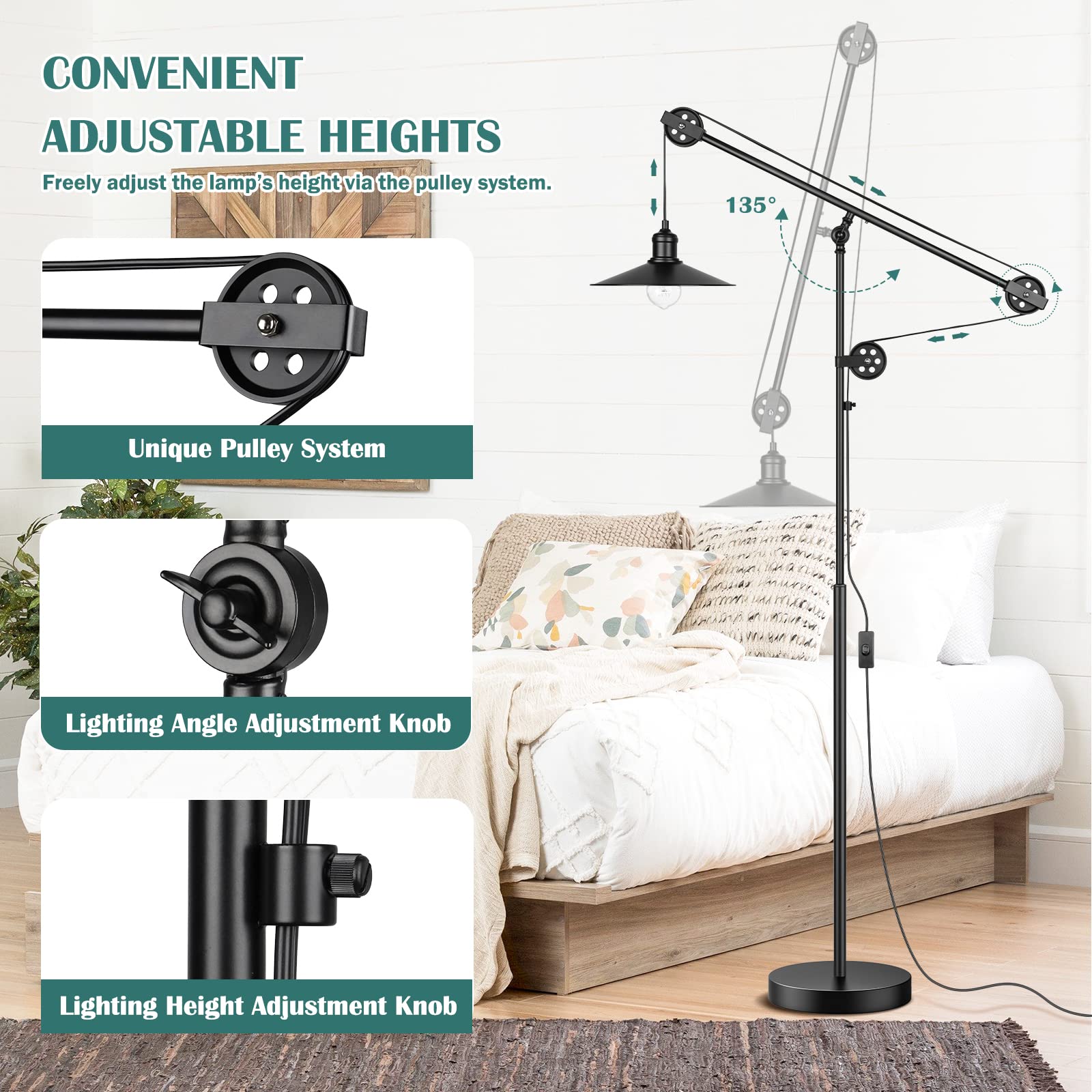 GoBright pulley arm height adjustment enables ideal reading light