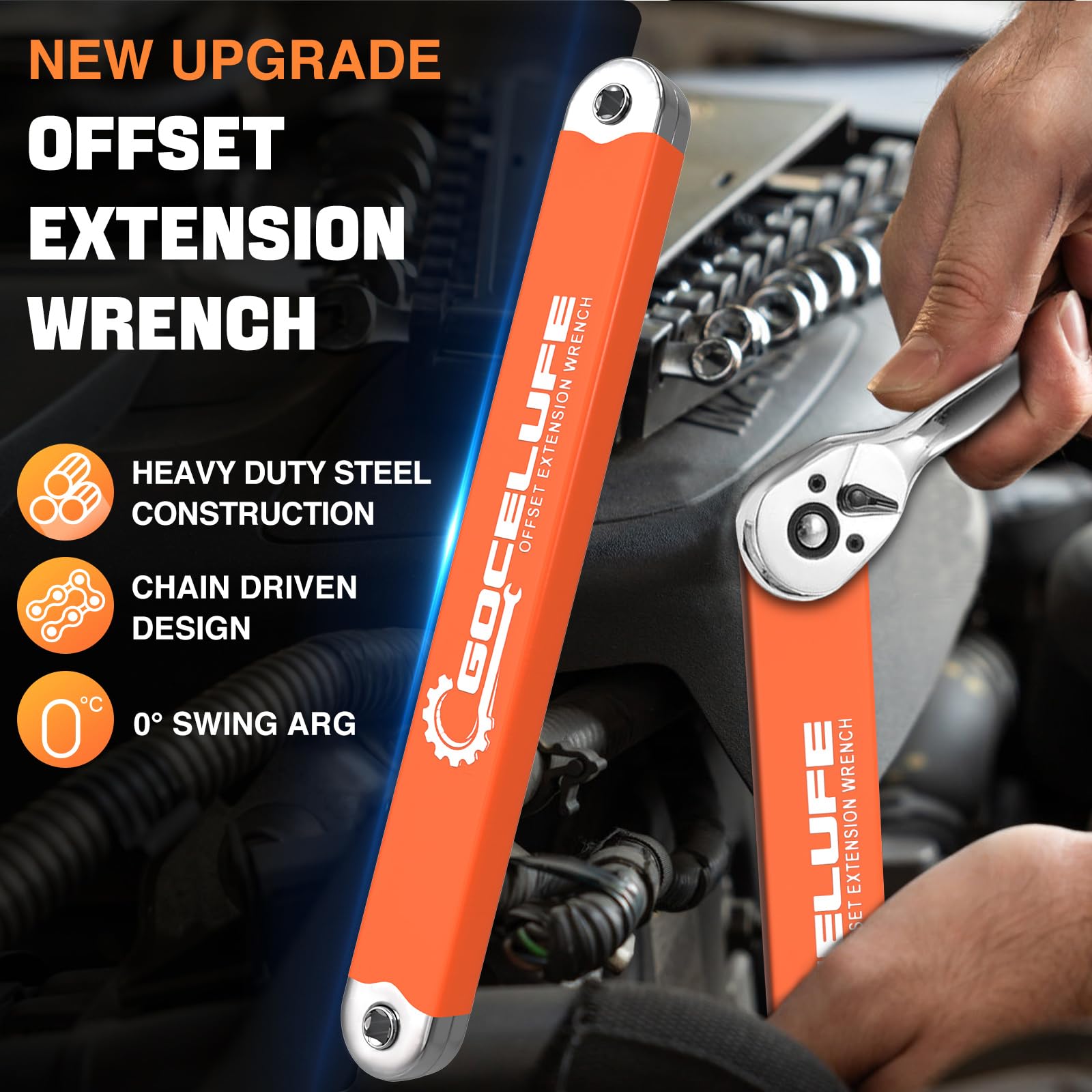 Gocelufe offset-extension wrench showing chain design for smooth operation.