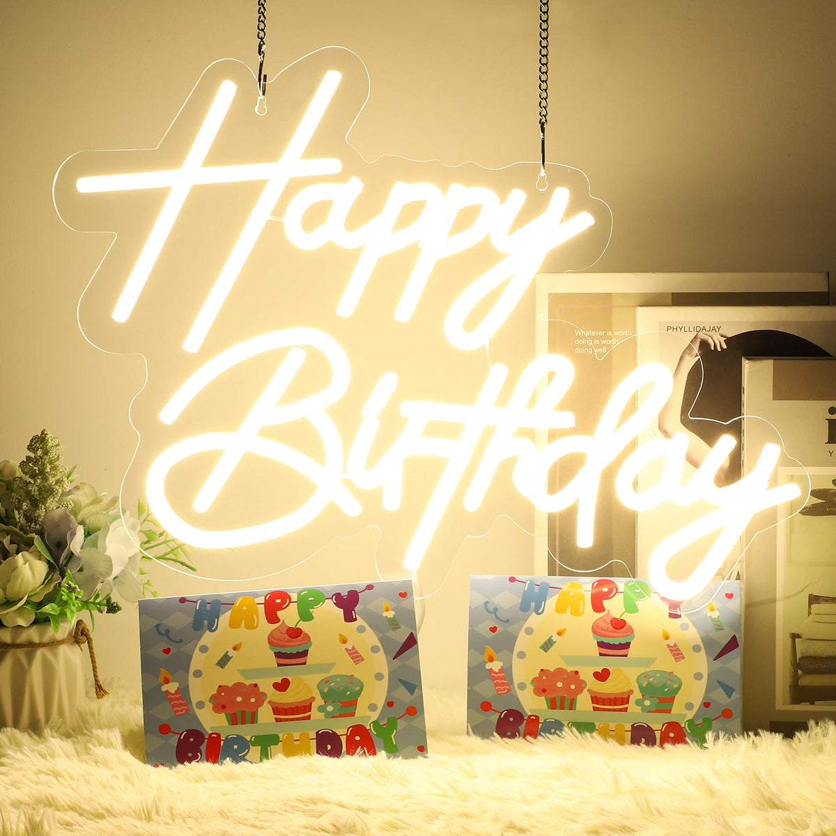 GODENBA Happy Birthday Sign with adjustable brightness lights up any age celebration.