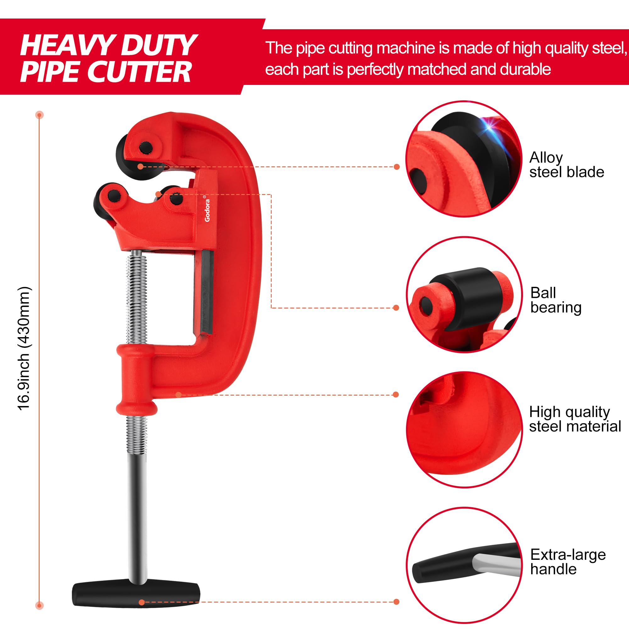 Godora pipe cutter with steel ball thrust bearing for smooth feeding.