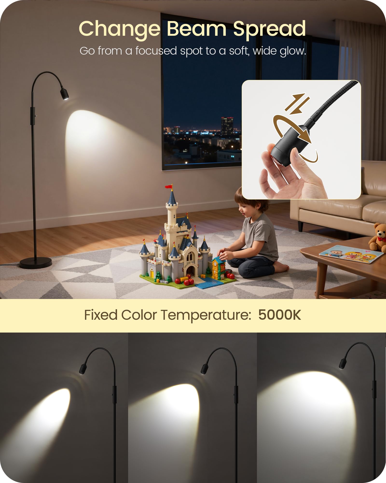 GOEBLESON Goebleon reading floor lamp gooseneck offers 360-degree lighting control.