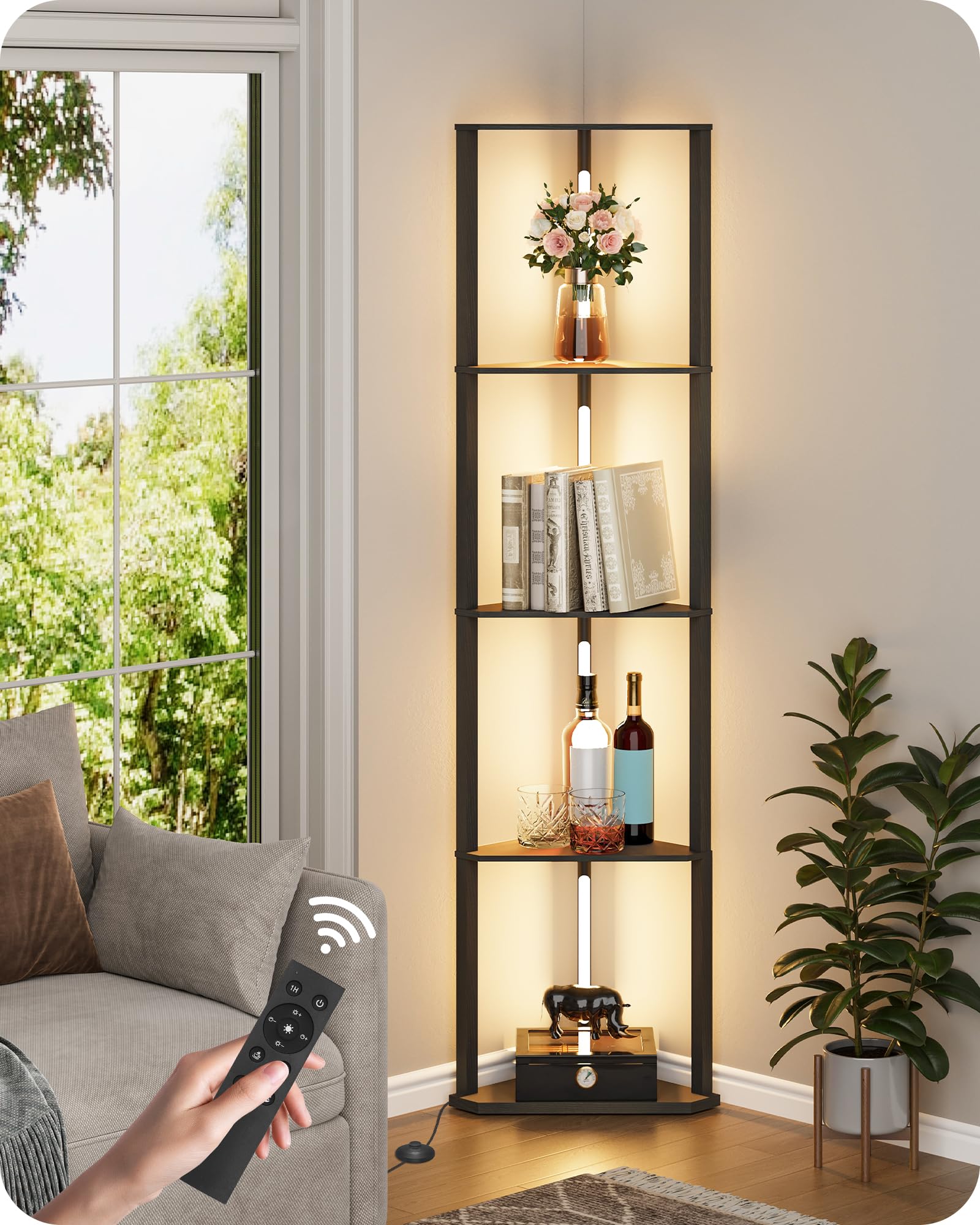 GOEBLESON 63.4-inch display shelf lamp in corner, offering ambient light and storage.