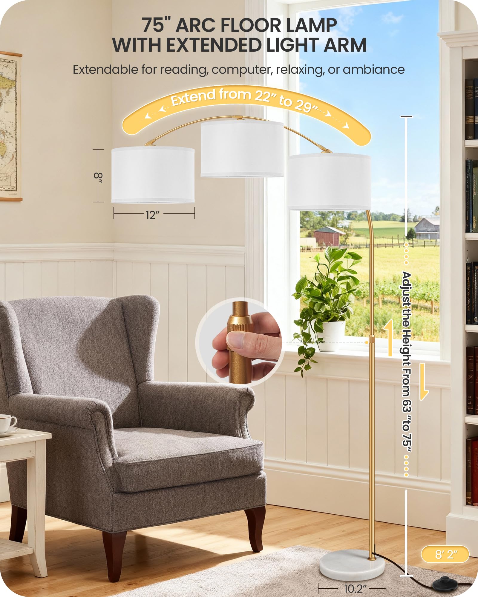 GOEBLESON arc floor lamp arc over sofa position for ambient seating lighting
