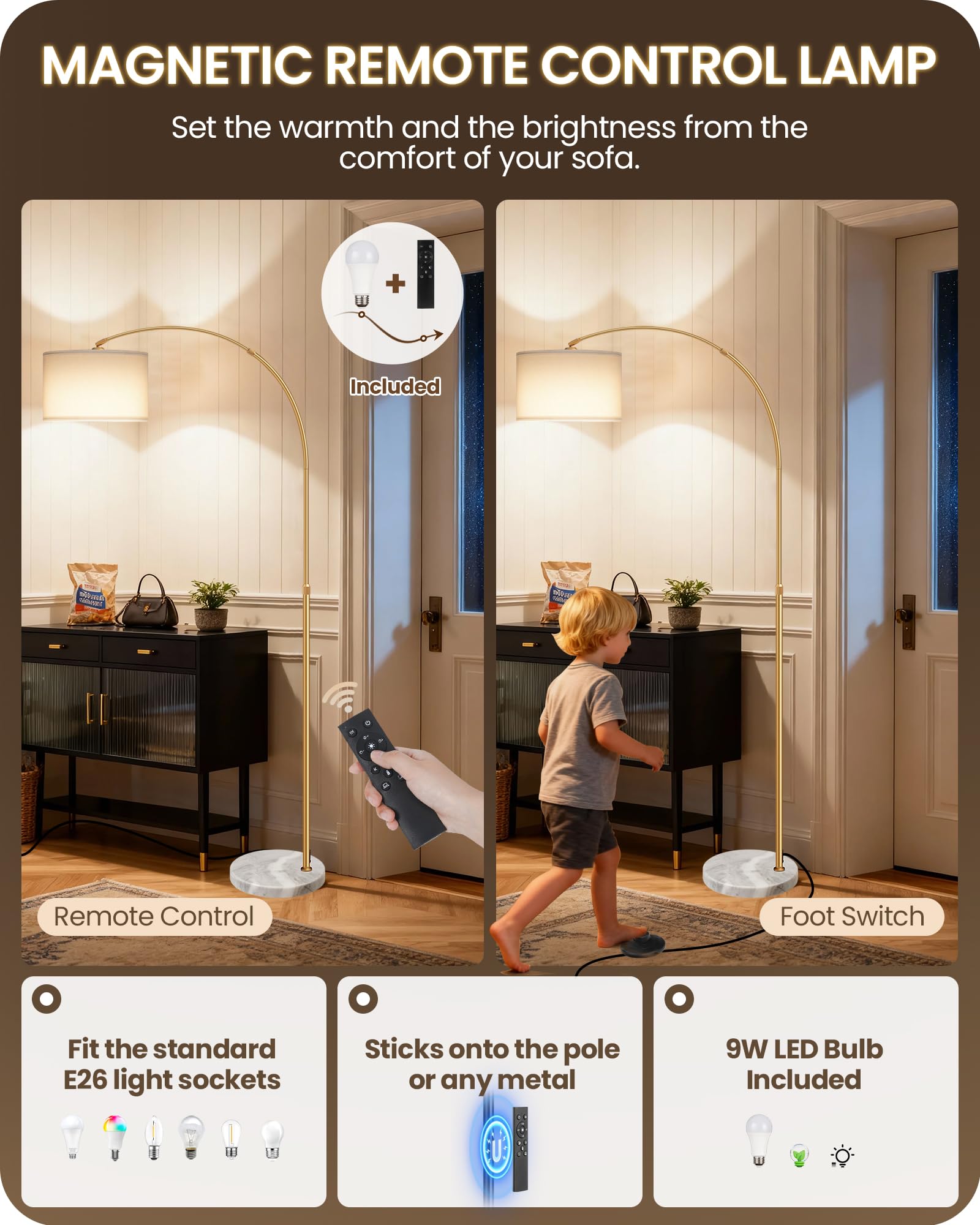 GOEBLESON arc floor lamp foot switch for quick on/off access
