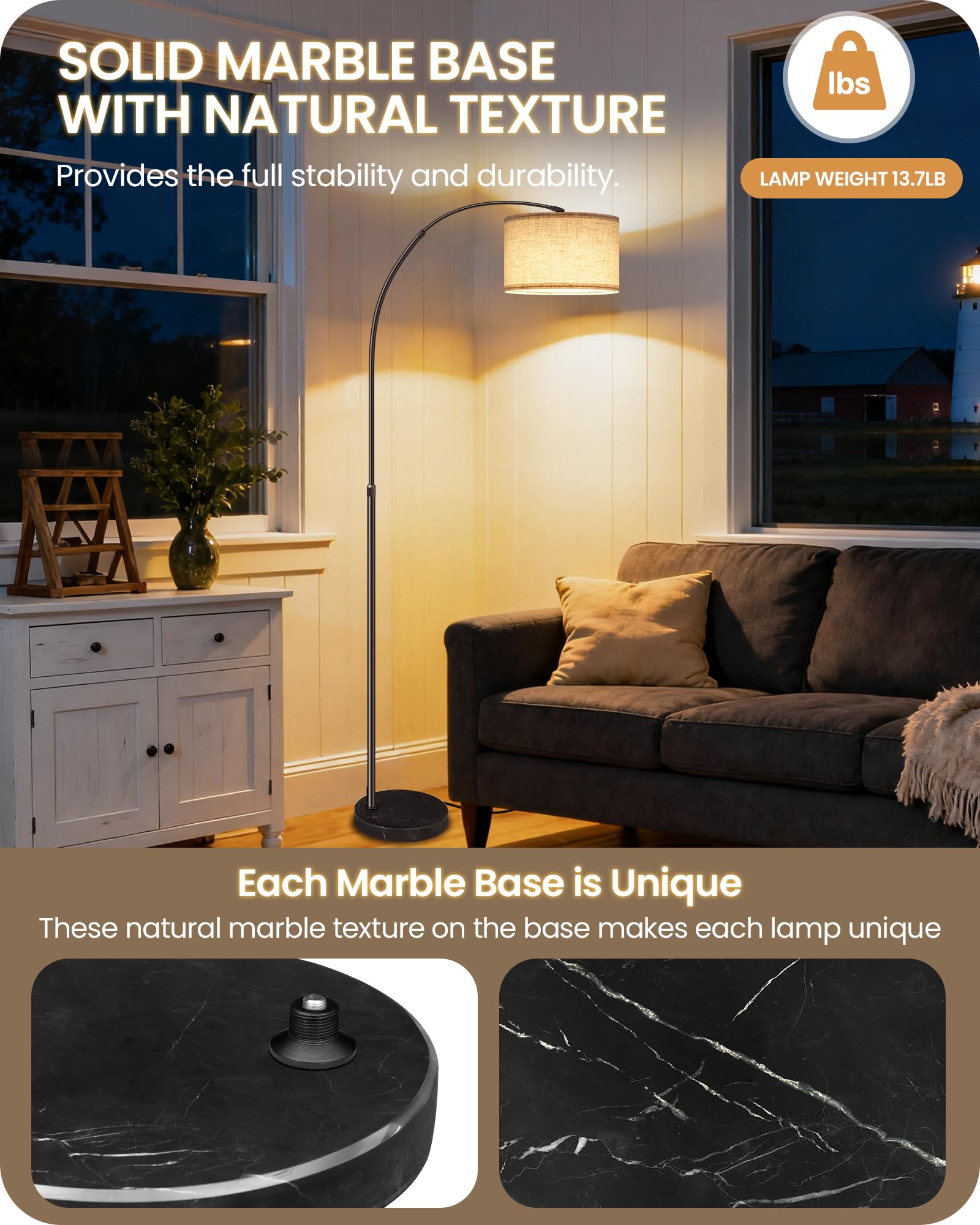 GOEBLESON arc lamp height adjustable for versatile seating areas