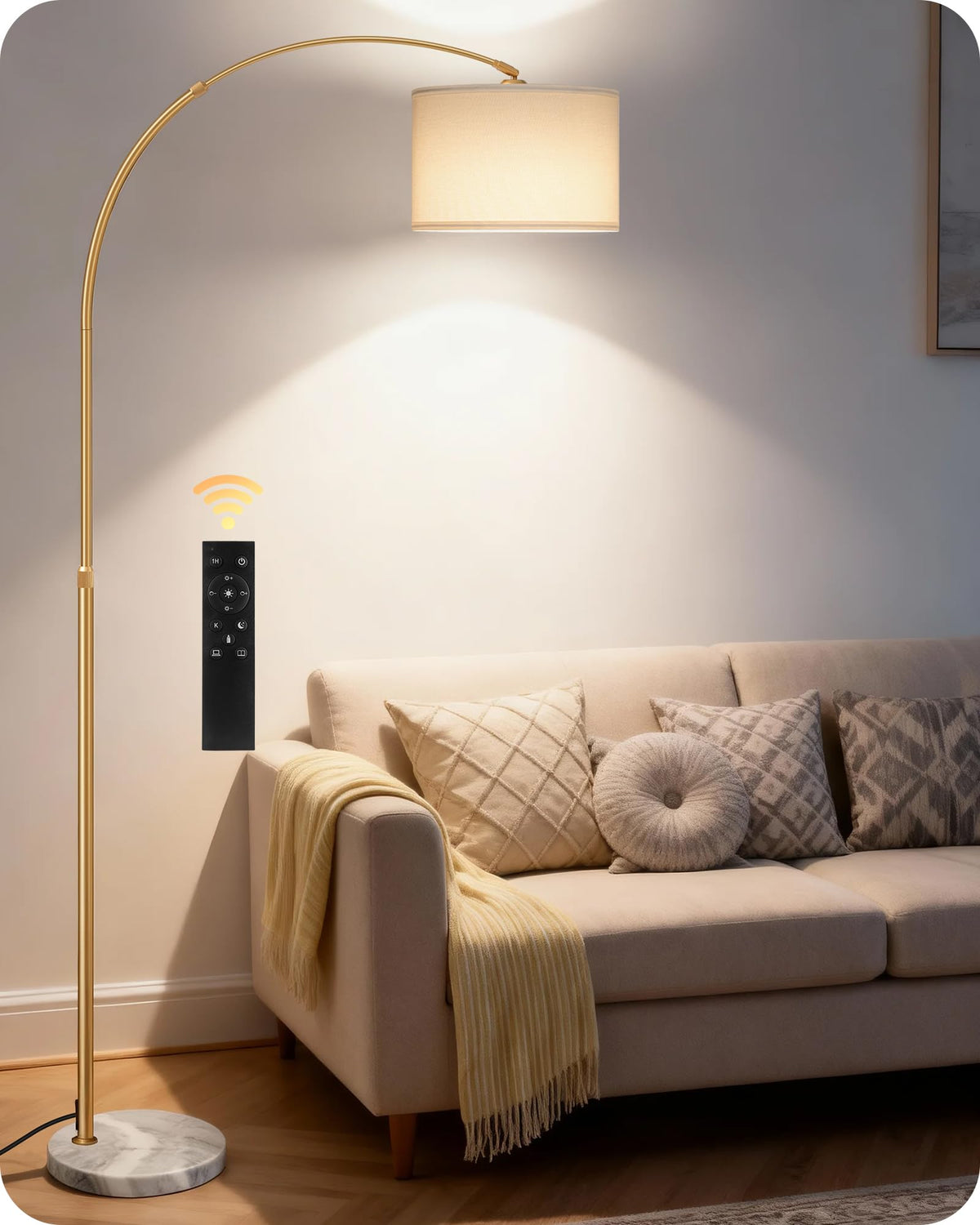 GOEBLESON arc floor lamp marble base closeup shows natural texture and stable support