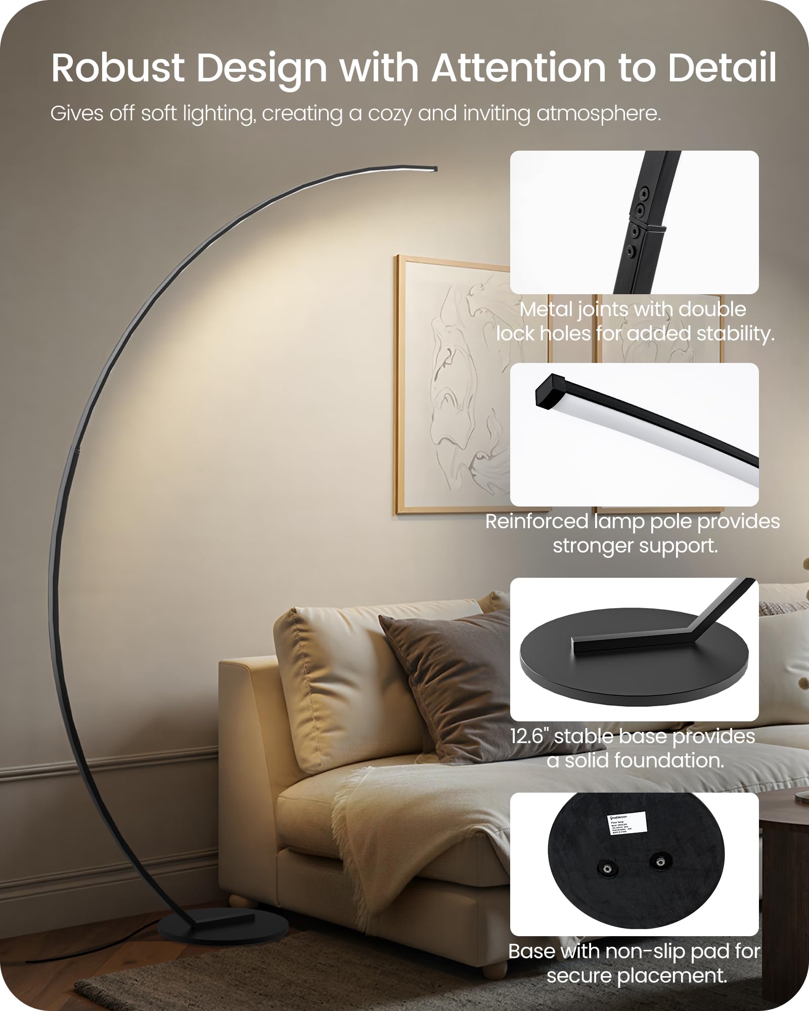 GOEBLESON arc lamp with dual-locking joints and reinforced pole for durability.