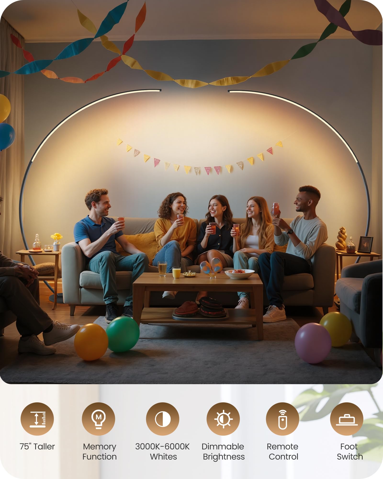 GOEBLESON arc lamp remote enables quick brightness and color temperature adjustments.