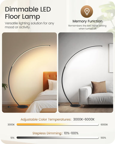GOEBLESON arc lamp delivers warm 3000K to cool 6000K whites for mood versatility.
