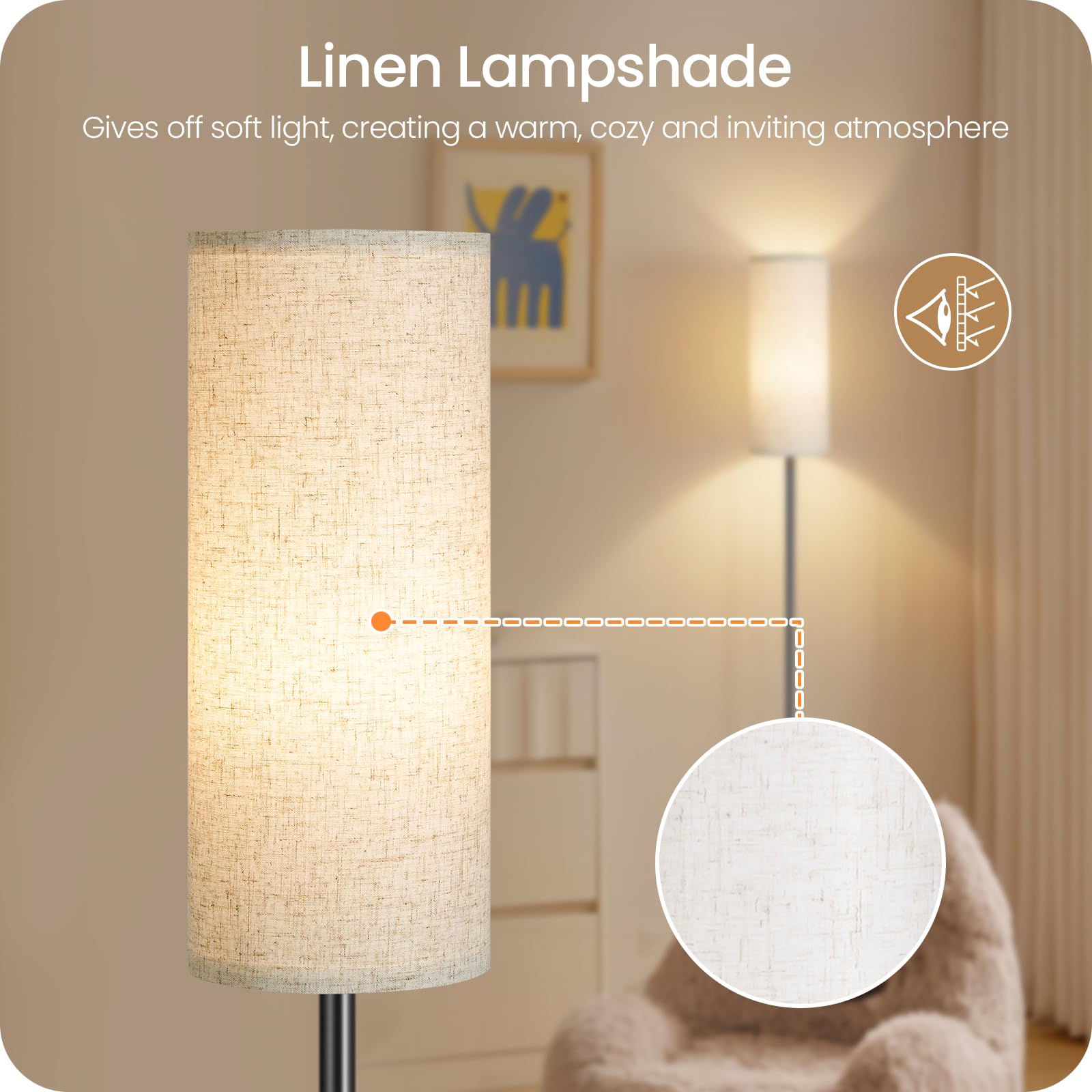 GOEBLESON beige linen shade softens light for cozy living room glow.