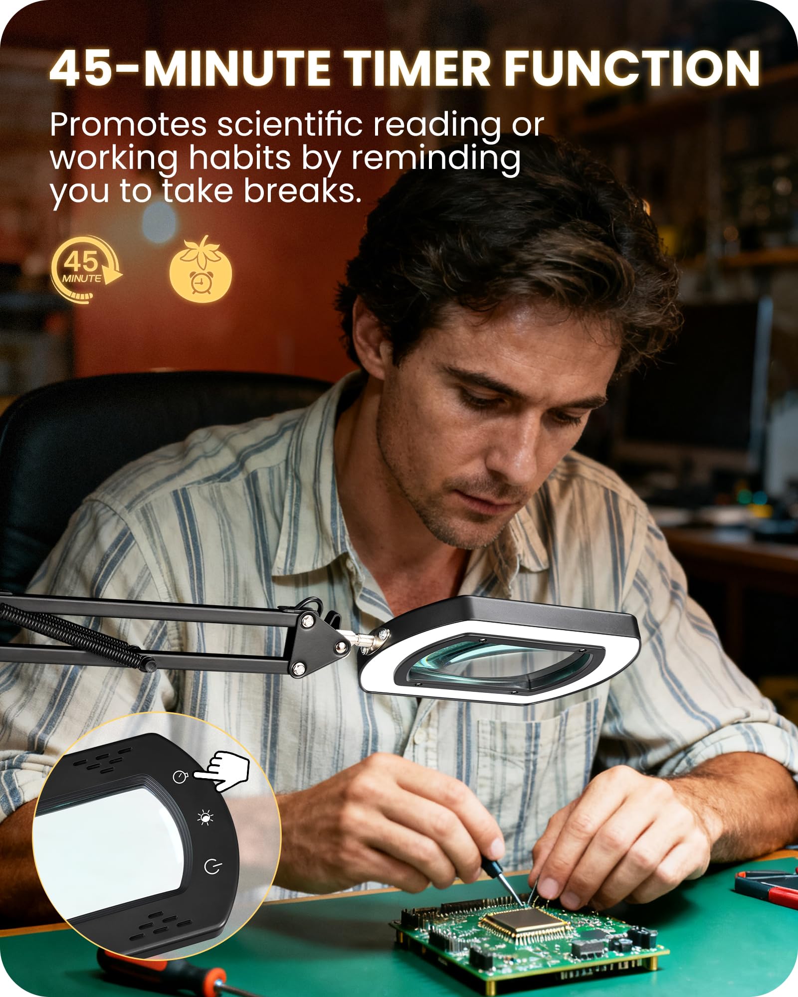 Goebleson clip-on desk lamp in use for hands-free lighting