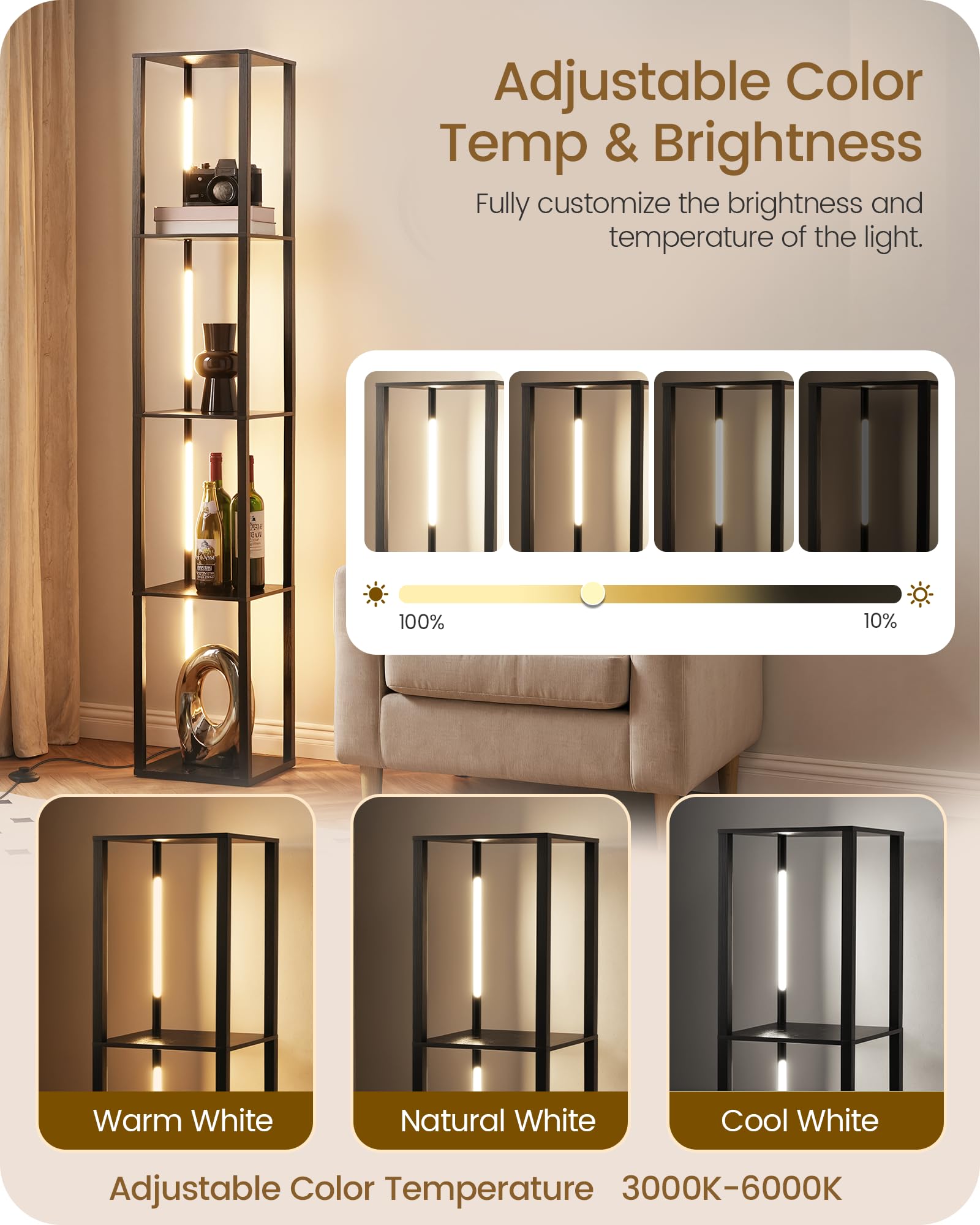 GOEBLESON corner floor lamp provides ambient light and accessible shelving for décor.
