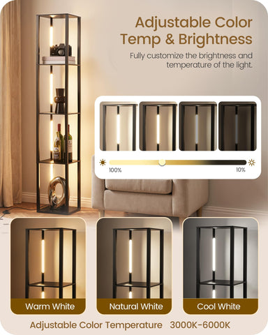 GOEBLESON corner floor lamp provides ambient light and accessible shelving for décor.